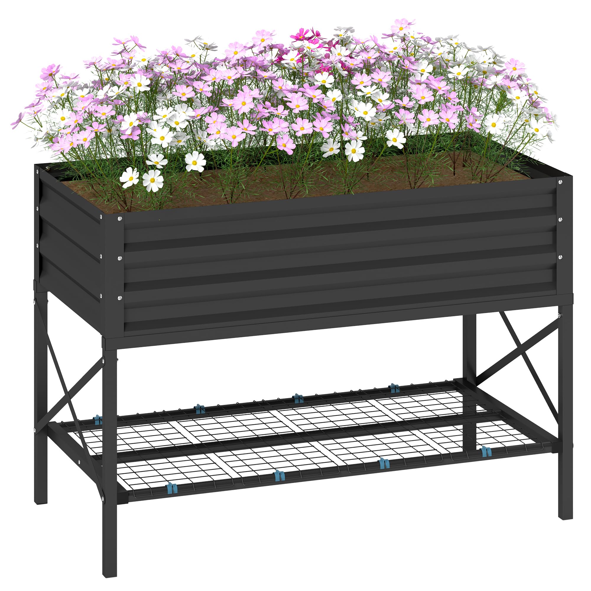 Outsunny Raised Garden Bed With Galvanized Steel Frame, Storage Shelf And Bed Liner, Elevated Planter Box With Legs For Vegetabl